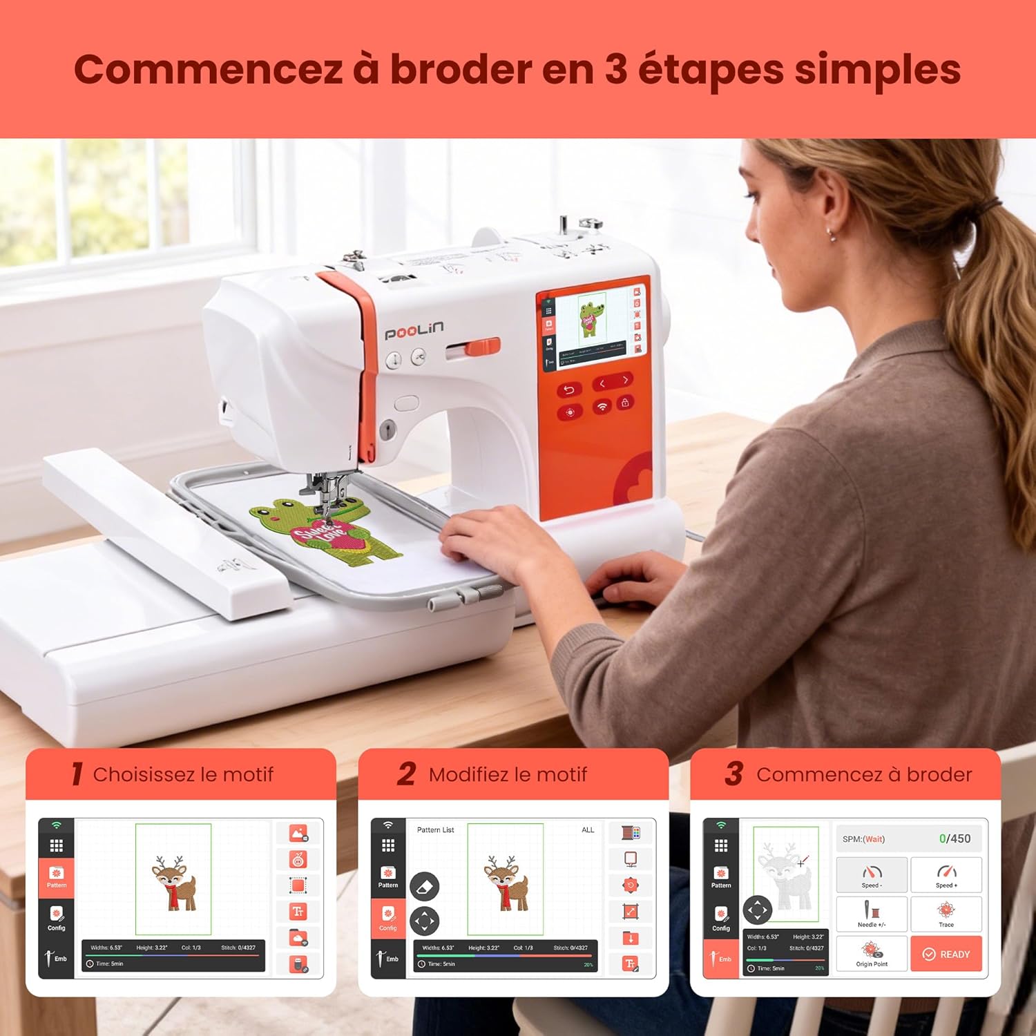 EOC03 embroidery machine - Machine à broder électronique – Écran tactile LCD 4.3″, cadres 10×10 cm et 10×23,5 cm, import de motifs USB/Wi-Fi, idéale débutants et experts