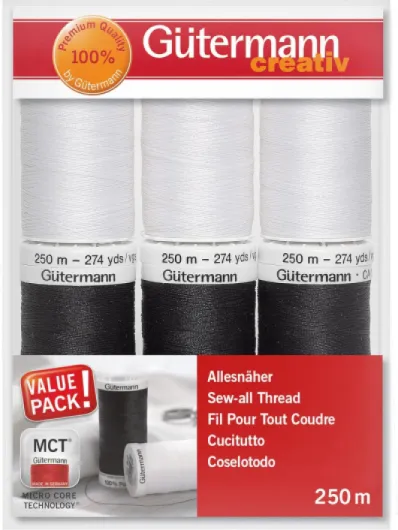 Gütermann creativ Kit de fil à coudre avec 6 bobines de fil Pour Tout Coudre 250 m en noir et blanc Noir/blanc 6 count (81 x 113 x 28 mm)