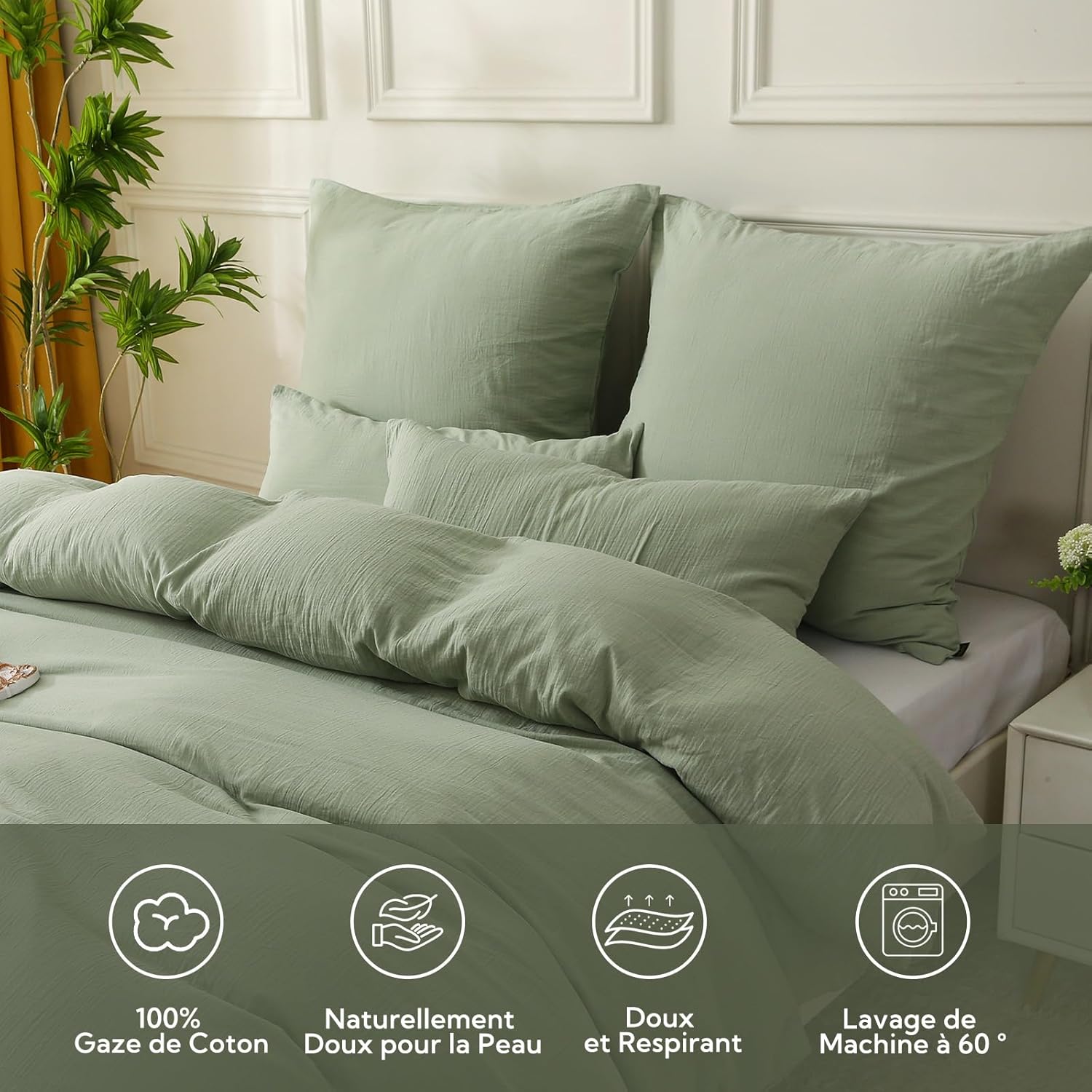 Housse de Couette 220x240 Gaze de Coton, Certifié Oeko-TEX, Vert Réglisse Ensembles de Housse de Couette avec Fermeture Éclair, Parure de Lit Adulte 220x240 cm avec 2 Taie d'oreiller 65x65 cm Vert Réglisse 220x240cm + 2 x Taie Oreiller 65x65cm