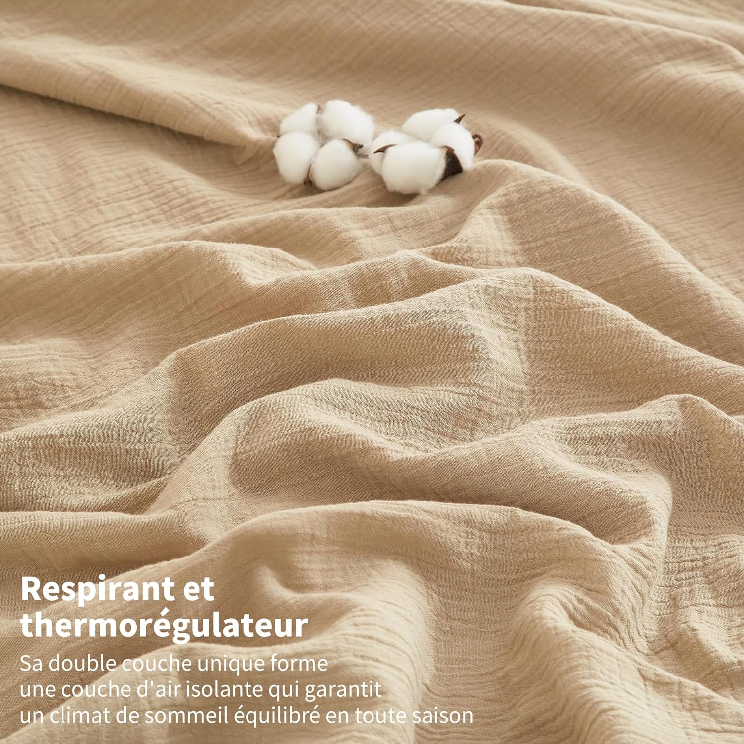 Housse de Couette Gaze de Coton 220x240 Beige Kaki 100% Coton Parure de Lit Double en Gaze de Coton Doux Respirant Linge de Lit 2 Personne avec Fermeture Éclair et Taies d'oreiller 65x65 cm Beige 220x240cm+2x65x65cm