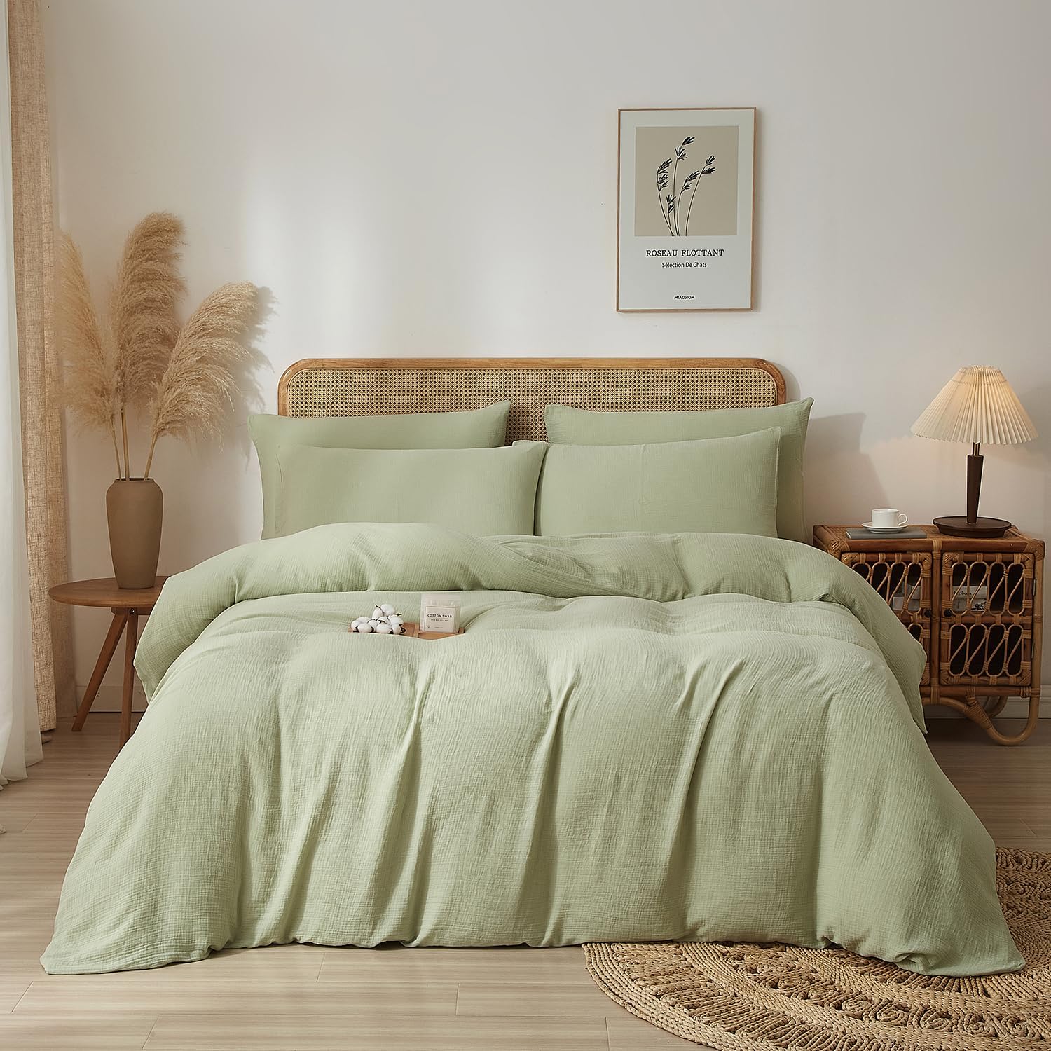 Luofanfei Housse de Couette Gaze de Coton 220x240 Vert Sauge 2 Personnes Mousseline Adulte Unie Parure de Lit Moderne Douceur Parure Housse Couette avec Fermeture Éclair avec Taies d'oreiller 65x65 Vert Sauge 220x240 cm+65x65 cm