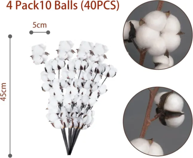 Fleur de Coton 40PCS 40CM Fleurs Séchées Naturelles Coton Blanc Décoration Intérieure Bouquet Vase Maison Mariage 4 Pack 10 Balls
