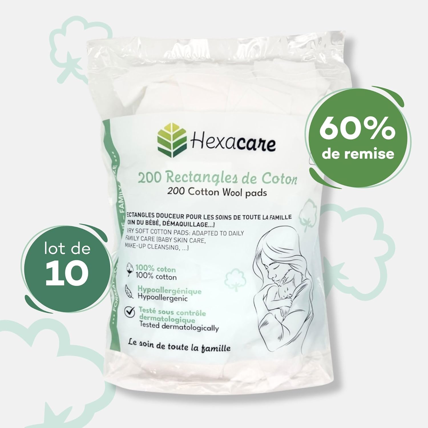 Lot de 10 Paquets de 200 Rectangles de Coton - Pads 8x10 cm Extra Doux pour Bébé et Démaquillage - 100% Fibres Naturelles - Hypoallergénique - Testé Dermatologiquement