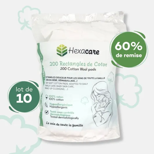 Lot de 10 Paquets de 200 Rectangles de Coton - Pads 8x10 cm Extra Doux pour Bébé et Démaquillage - 100% Fibres Naturelles - Hypoallergénique - Testé Dermatologiquement