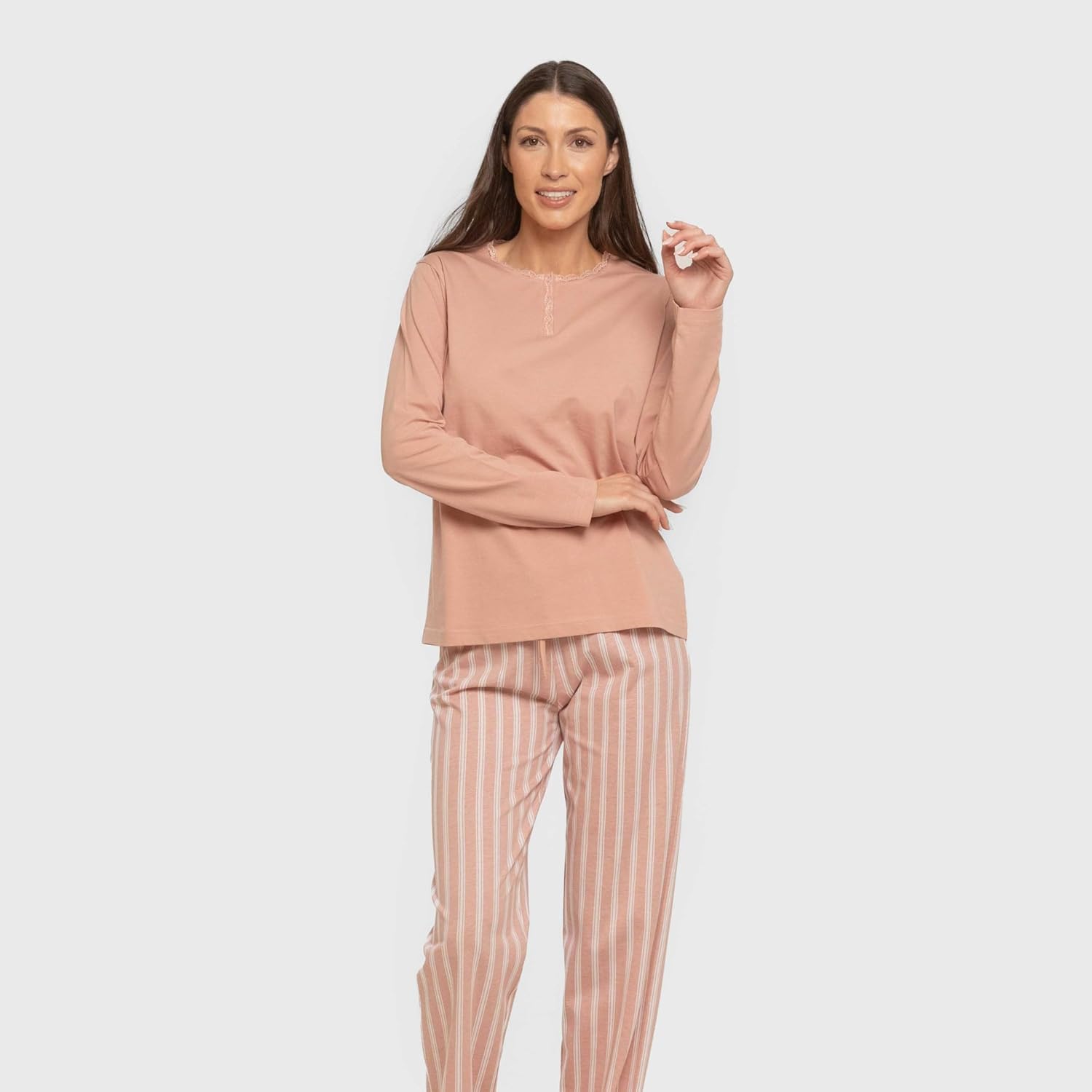 + Pyjama 100% Coton pour Femme, Pyjama Long pour Femme, Ensemble t-Shirt à Manches Longues et Pantalon Long avec Taille Ajustable, Ensemble pour Femme L Marsella Rosa Keike