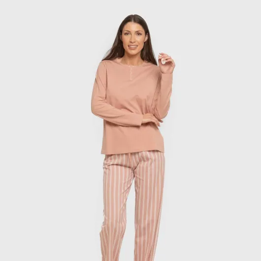 + Pyjama 100% Coton pour Femme, Pyjama Long pour Femme, Ensemble t-Shirt à Manches Longues et Pantalon Long avec Taille Ajustable, Ensemble pour Femme L Marsella Rosa Keike