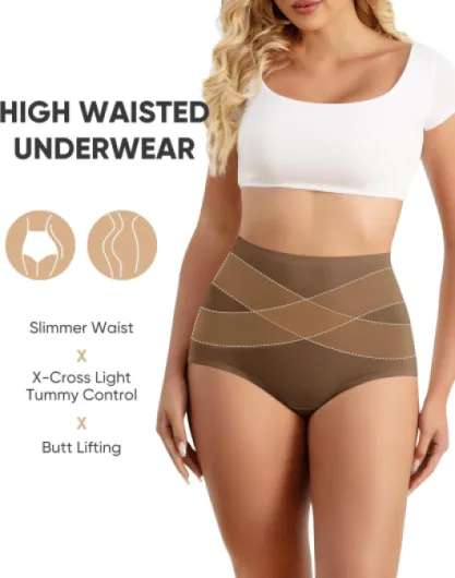 Culotte Femme Coton Taille Haute Contrôle Léger du Ventre Confortable et Respirante Couverture Intégrale Lot de 4 L Noir,bordeaux,bleu Marine,marron​